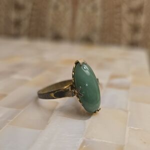 Estate Vintage Retro Adjustable Gold Tone Jade Ring, Size 7.75